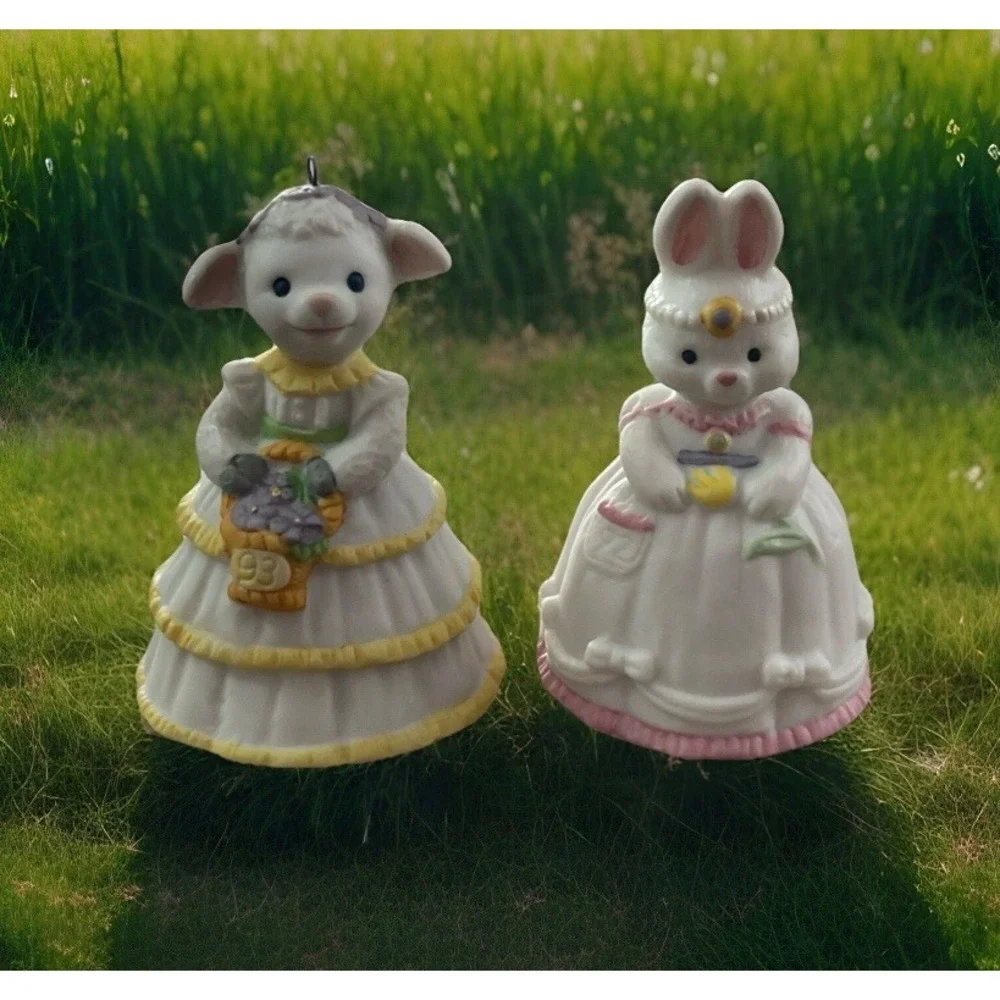 Hallmark Vintage Easter Ornaments Bells 1991 Lovely Lamb & 1992‎ Belle Bunny